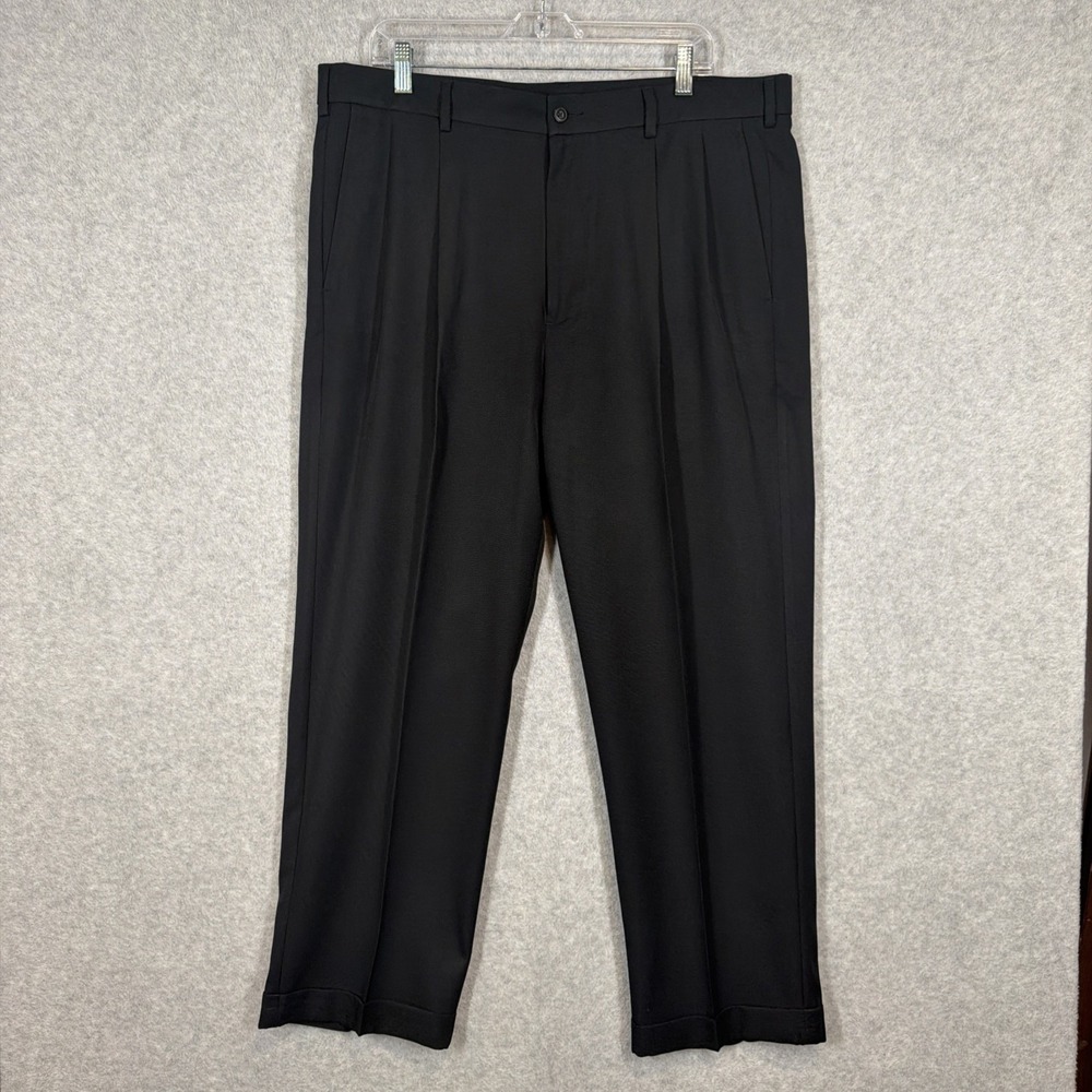 PGA Tour Golf Pants Mens 38x30 Black Pleated Cuffed Slacks Trousers Classic Fit